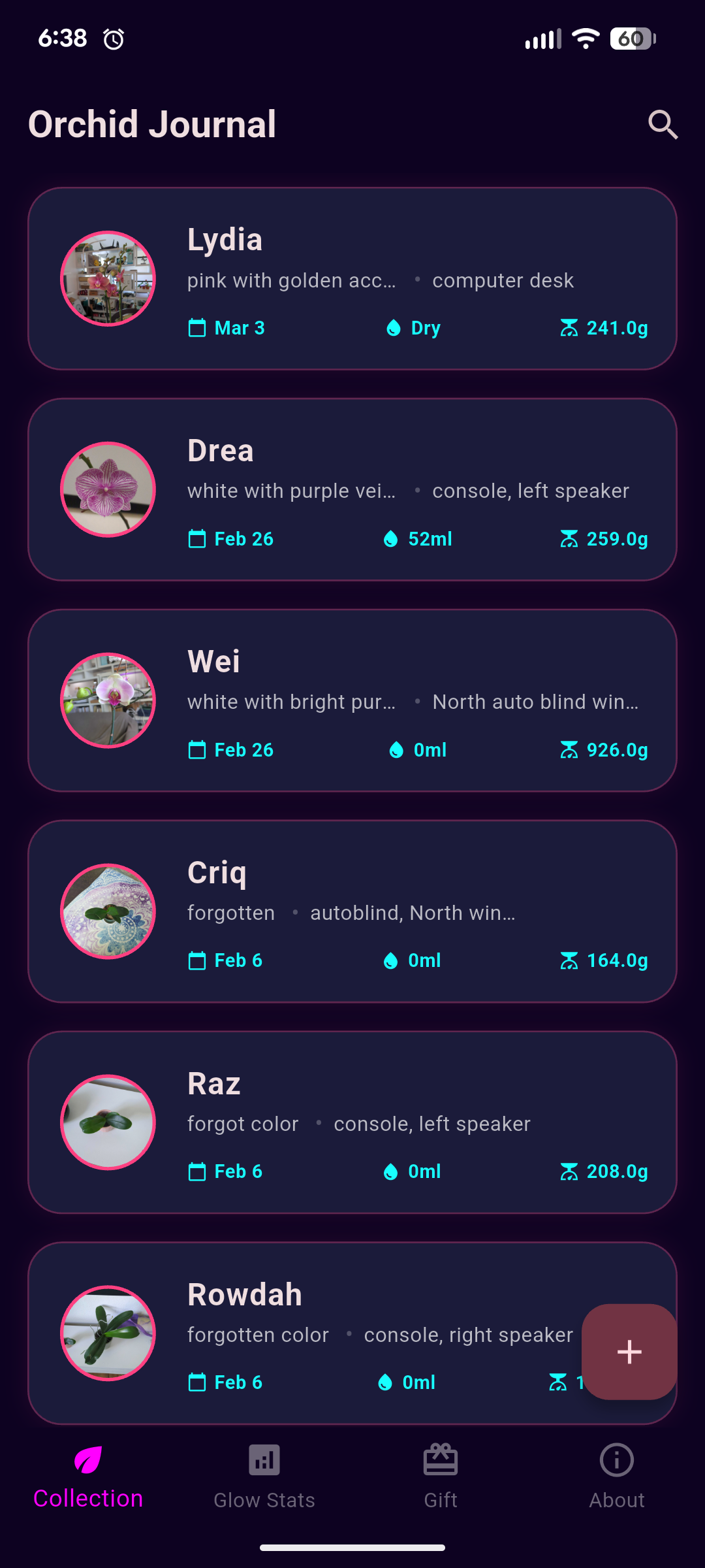 Orchid Journal collection view showing named orchids with photos